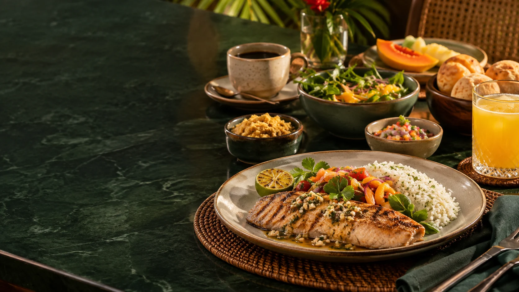 Mesa do Restaurante Planalto com peixe grelhado, arroz, salada e acompanhamentos