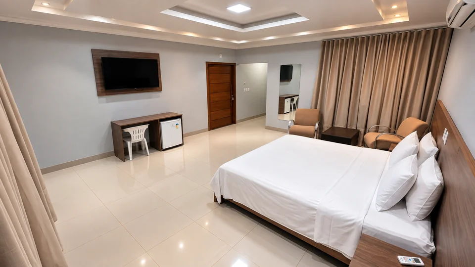 Suíte Master do Planalto Palace Hotel em Rurópolis, com cama king, TV, mesa de trabalho, frigobar e duas poltronas.